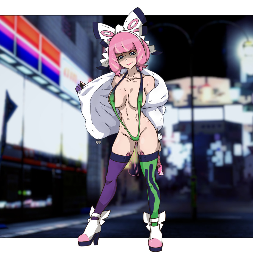 1girl asymmetrical_legwear boots bow breasts coat condom creatures_(company) drill_hair exhibitionism flashing flipped_hair fur_coat fur_jacket game_freak gloves hair_bow hairband hal_san highres jacket klara_(pokemon) mismatched_legwear navel night nintendo pink_hair pokemon pokemon_swsh public_indecency sex_toy shaded_face short_hair slingshot_swimsuit smile solo standing swimsuit thighhighs thighs twin_drills vibrator vibrator_in_thighhighs white_boots white_bow white_hairband
