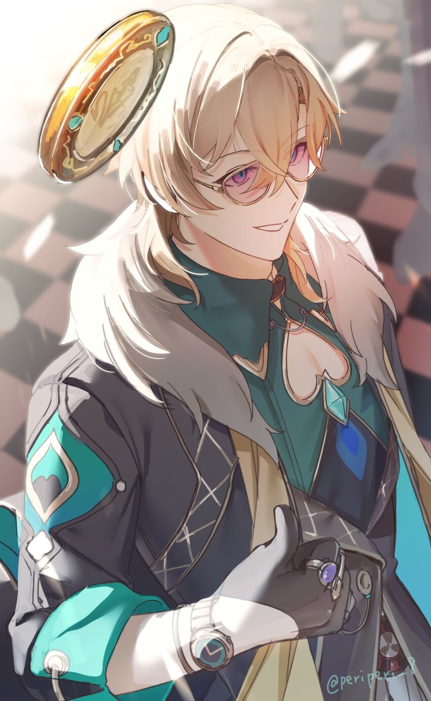 1boy absurdres aventurine_(honkai:_star_rail) black_gloves black_jacket blonde_hair blue_brooch blurry blurry_background brooch checkered_floor cleavage_cutout clothing_cutout foreshortening fur-trimmed_jacket fur_trim gloves green_shirt hair_between_eyes half_gloves highres honkai:_star_rail honkai_(series) jacket jewelry looking_ahead male_focus medium_hair open_mouth peridot_(periperi_8) poker_chip purple-tinted_eyewear purple_eyes ring scarf shirt sleeves_rolled_up smile solo spade_cutout sunglasses tinted_eyewear twitter_username upper_body watch wristwatch yellow-framed_eyewear yellow_scarf