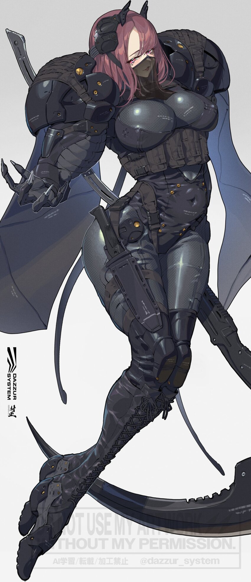 1girl absurdres black_boots boots breasts commentary dazzur_(dazzur_system) fingernails full_body grey_background headgear highres holding holding_scythe knife lace-up_boots large_breasts long_hair looking_at_viewer mole mole_under_eye mouth_veil open_mouth original pink_eyes pouch scythe sharp_fingernails sheath sheathed simple_background solo thigh_sheath veil