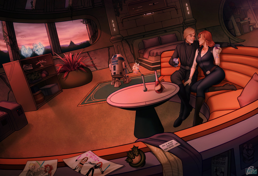 1boy 1girl astromech_droid black_bodysuit black_boots black_gloves black_tunic blonde_hair bodysuit boots brown_boots couch cup glass gloves highres holding holding_cup indoors long_hair luke_skywalker mara_jade plant potted_plant r2-d2 red_hair short_hair sitting sleeveless sleeveless_bodysuit star_wars t-o-c-a tunic