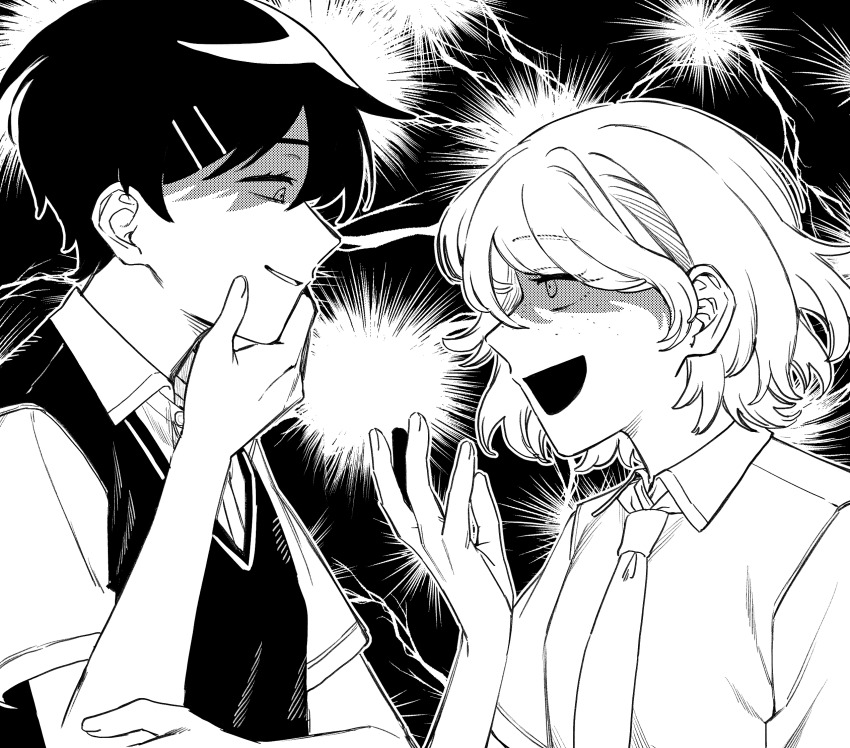 2girls collared_shirt freckles futsuu_no_keion-bu greyscale hair_ornament hairpin halftone hand_on_own_chin highres kouyama_rin light_smile lightning_background lightning_glare medium_hair monochrome multiple_girls necktie pixie_cut rivalry rra_(yj) school_uniform shirt short_hair smirk sweater_vest tsuru_asaka