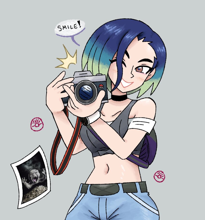 1girl ai-generated_art_(topic) ash_baby_(meme) bare_shoulders black_choker blue_hair bob_cut breasts brown_eyes camera choker collarbone commentary crop_top denim english_commentary english_text gen_1_pokemon geodude gradient_hair grey_shirt highres holding holding_camera jeans johnzuu loose_hair_strand medium_breasts meme midriff multicolored_hair nintendo off-shoulder_shirt off_shoulder one_eye_closed pants perrin_(pokemon) photographer pokemon pokemon_sv ribbed_shirt shirt short_hair sleeveless sleeveless_shirt undershirt upper_body v-neck watch wristwatch