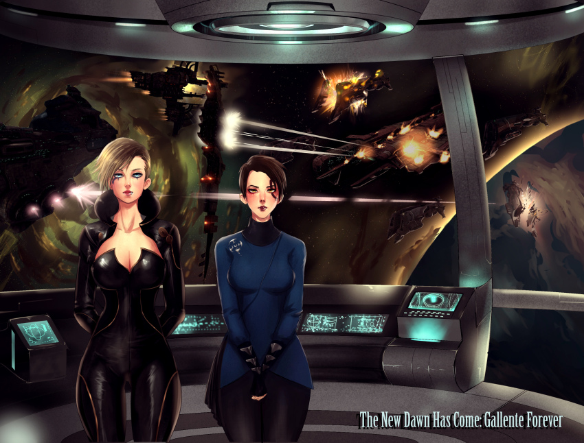 2girls advanced_ship_(eve_online) arms_behind_back asymmetrical_hair attack_ship_(eve_online) battle battleship_(eve_online) black_bodysuit black_hair black_pants blonde_hair blue_eyes blush bodysuit breasts brown_hair capital_ship_(eve_online) carrier carrier_(eve_online) cleavage closed_mouth collarbone combat_ship_(eve_online) commentary commission cowboy_shot damillia_seraph debris destroyed destruction dreadnought_(eve_online) energy energy_beam eve_online explosion face_piercing facial_tattoo fire firing fleet flying gallente_federation_(eve_online) glowing gluteal_fold gradient_hair highres indoors large_breasts light_blush lip_piercing lips long_sleeves looking_at_viewer marauder_(eve_online) medium_breasts megathron_(eve_online) military_vehicle minmatar_republic_(eve_online) moros_(eve_online) multicolored_hair multiple_girls naglfar_(eve_online) nebula nose pants piercing pink_lips planet projectile_trail red_lips science_fiction screen short_hair space spacecraft spacecraft_interior standing star_(sky) sternocleidomastoid_muscle support_ship_(eve_online) tattoo tech_2_ship_(eve_online) tempest_(eve_online) thanatos_(eve_online) thrusters two-tone_hair uliel vargur_(eve_online) window yellow_eyes