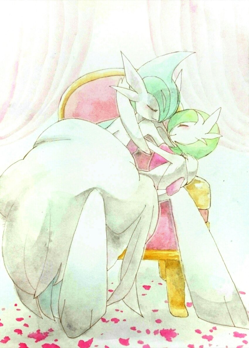 blue_sketch247 bob_cut closed_eyes dress elbow_gloves gallade gardevoir gen_3_pokemon gen_4_pokemon gloves green_hair highres mega_gallade mega_gardevoir mega_pokemon nintendo petals pink_petals pokemon pokemon_(creature) sitting sitting_on_throne smile strapless strapless_dress throne white_dress white_gloves