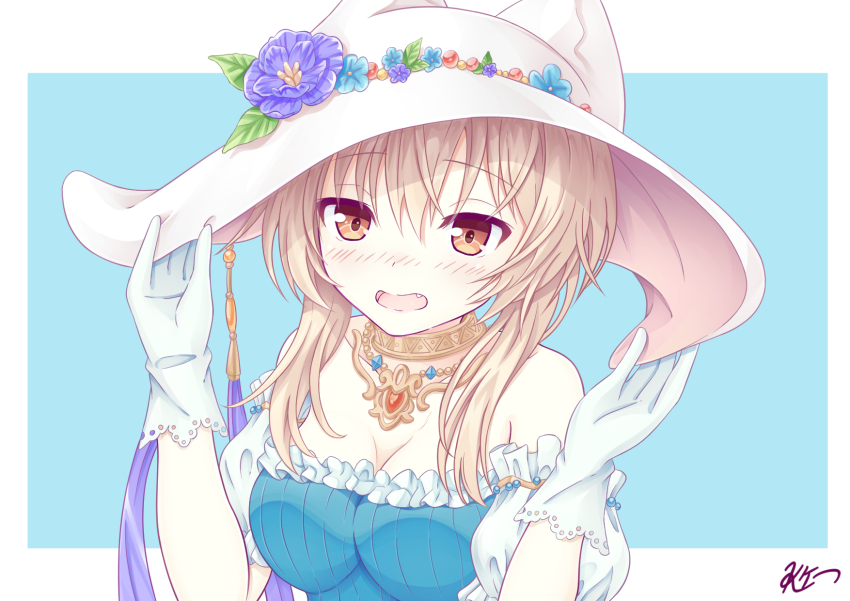1girl artist_name breasts brown_eyes brown_hair cleavage collar embarrassed flower frills gloves hat hat_flower highres iris_mysteria! k_(nura-rikuo) large_breasts large_hat laura_kelyrie upper_body white_gloves white_hat