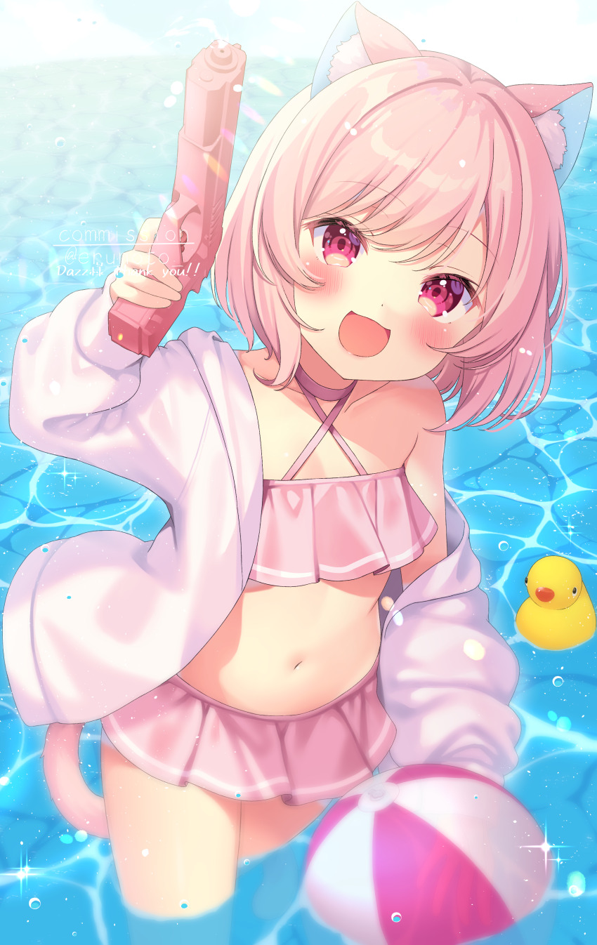 1girl :d absurdres animal_ear_fluff animal_ears arm_at_side ball beachball bikini bikini_skirt blush breasts cat_ears cat_girl cat_tail choker cleavage collarbone commission cowboy_shot criss-cross_halter day erunoto glitter halterneck hand_up head_tilt highres holding holding_water_gun jacket long_sleeves looking_at_viewer medium_hair navel off_shoulder open_clothes open_jacket open_mouth original outdoors pink_bikini pink_choker pink_hair pink_skirt pink_tail red_eyes rubber_duck single_bare_shoulder skirt small_breasts smile solo sparkle standing sunlight swept_bangs swimsuit tail wading water water_gun white_jacket