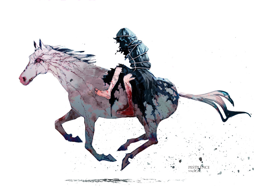 1other artist_name blood character_name christian_mythology four_horsemen highres horse horseback_riding nezumiayasha pestilence_(four_horsemen_of_the_apocalypse) restrained riding simple_background solo torn_clothes white_background