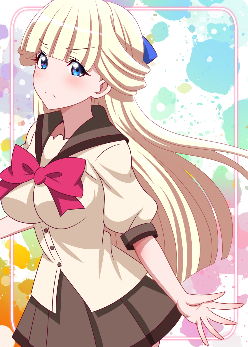 1girl ai_wa_muteki alternate_breast_size blonde_hair blue_eyes brown_sailor_collar brown_shirt brown_skirt brown_vest clover_background collared_vest highres long_hair looking_at_viewer nekoyashiki_yuki photoshop_(medium) precure sailor_collar school_uniform second_wangan_school_uniform shirt skirt smile vest wonderful_precure!