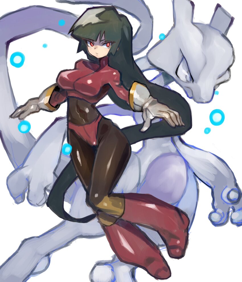 1girl black_hair bodysuit breasts closed_mouth creatures_(company) dakusuta full_body game_freak gen_1_pokemon gloves highres legendary_pokemon long_hair long_sleeves looking_at_viewer mewtwo nintendo pantyhose pokemon pokemon_(creature) pokemon_frlg red_eyes sabrina_(pokemon) simple_background skirt white_background white_gloves