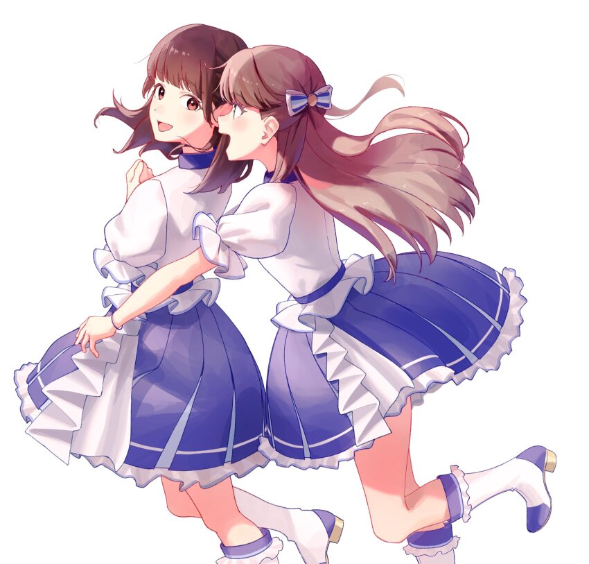 2girls 365_days_(love_live!) animification blue_bow blue_skirt boots bow brown_eyes brown_hair commentary frilled_boots frilled_shirt frilled_skirt frills fujishima_megumi hair_bow highres koiori link!_like!_love_live! love_live! miniskirt multiple_girls official_alternate_costume pleated_skirt puffy_short_sleeves puffy_sleeves purple_eyes real_life shirt short_sleeves skirt symbol-only_commentary tsukine_kona virtual_youtuber voice_actor voice_actor_connection white_boots white_bow white_shirt