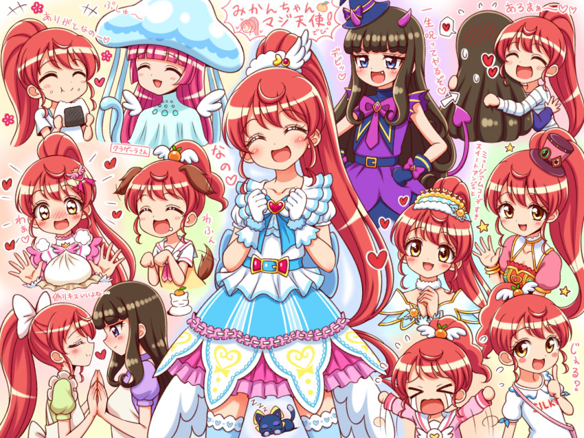 3girls :d alternate_costume angel_and_devil animal_ears steamed_bun blue_eyes blush brown_hair cowboy_shot dog_ears dog_tail dress fake_horns fang food gloves hair_ornament hairband happy hat heart hojo_sophy holding_hands horns hug idol_clothes jellyfish_costume kuga_yoshito kurosu_aroma long_hair looking_at_another looking_at_viewer mini_hat mini_witch_hat multiple_girls multiple_views open_mouth pink_horns ponytail pretty_series pripara red_hair shiratama_mikan short_sleeves sidelocks smile smug standing swept_bangs tail thighhighs translation_request very_long_hair wing_hair_ornament winged_hairband witch_hat yellow_eyes yuri