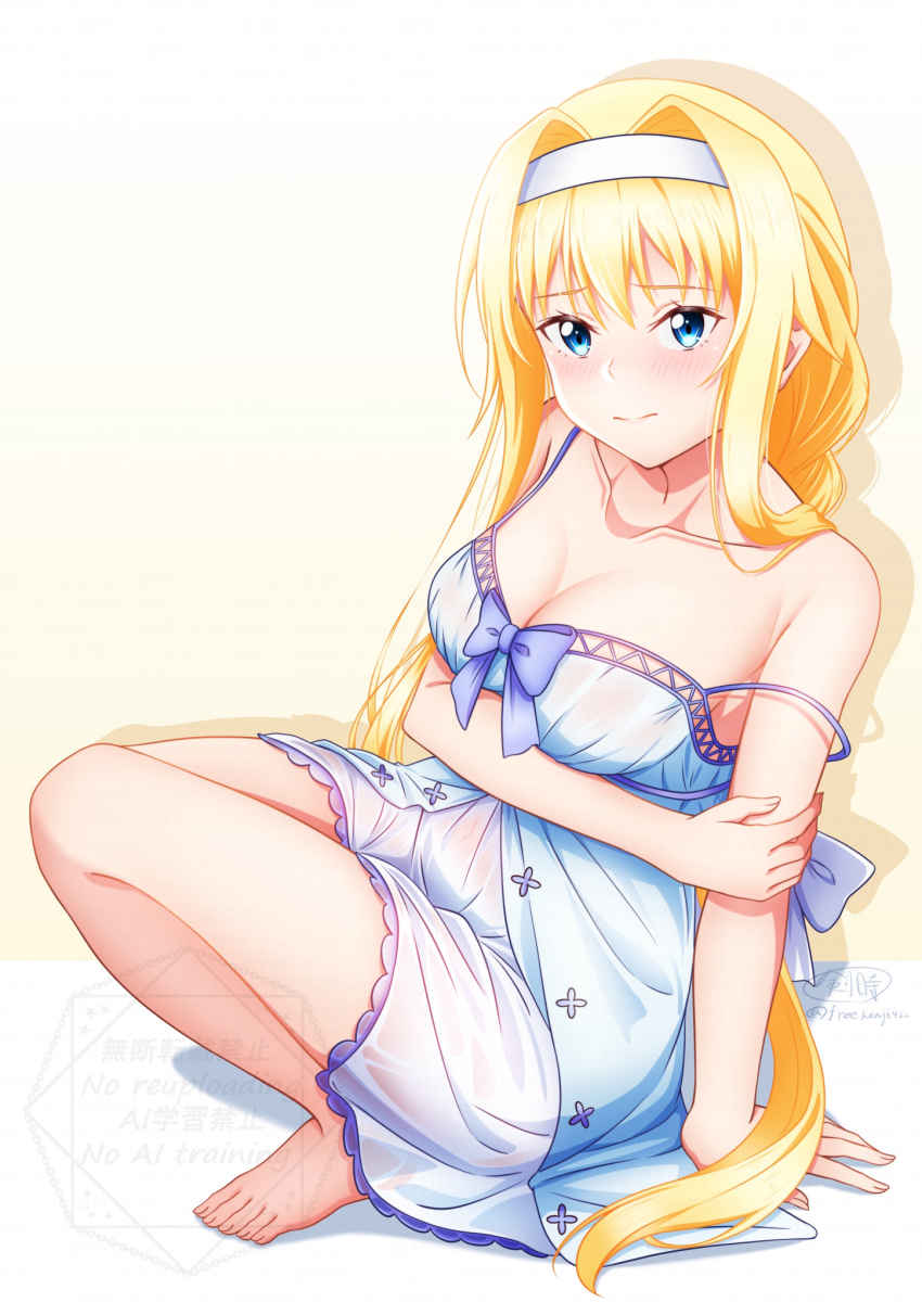 1girl alice_zuberg arm_support barefoot blonde_hair blue_eyes blue_nightgown blush breasts cleavage closed_mouth collarbone commentary_request embarrassed eyelashes full_body hair_between_eyes hair_intakes headband highres holding_own_arm ken-ji large_breasts long_hair looking_at_viewer nightgown nose_blush simple_background solo sword_art_online sword_art_online:_alicization white_background white_headband