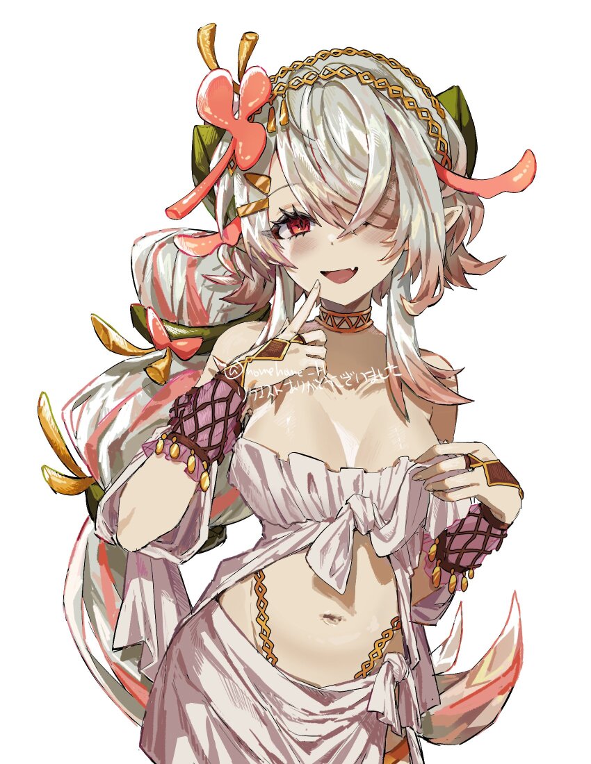 1girl breasts commission crop_top duel_monster flower hair_flower hair_ornament hair_over_one_eye highleg highleg_panties highres kaichou_(homehome_h) large_breasts looking_at_viewer midriff navel panties ponytail red_eyes sleeveless smile solo traptrix_pinguicula underwear watermark white_background white_hair yu-gi-oh!