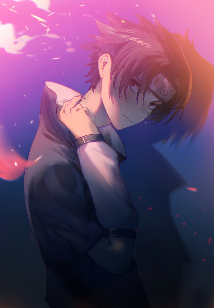 1boy absurdres ashorz black_hair closed_mouth forehead_protector hands_on_own_neck highres long_sleeves looking_at_viewer male_focus naruto_(classic) naruto_(series) ninja nose shadow short_hair uchiha_sasuke upper_body