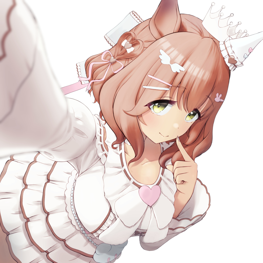 1girl :d animal_ears aston_machan_(everlasting_candy)_(umamusume) aston_machan_(umamusume) bow brown_hair crown dress ear_covers green_eyes hair_bow hair_ornament hairclip heart highres horse_ears horse_girl index_finger_raised looking_at_viewer mini_crown official_alternate_costume open_mouth selfie short_hair simple_background single_ear_cover skirt smile solo tail thighhighs thighs umamusume white_background white_dress white_thighhighs yamano_boriko