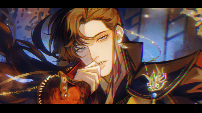 1boy artem_wing_(tears_of_themis) blue_eyes brown_hair cape chain earrings highres indoors jewelry letterboxed long_hair long_sleeves looking_at_viewer male_focus parted_lips portrait solo tears_of_themis upper_body zhuowang233