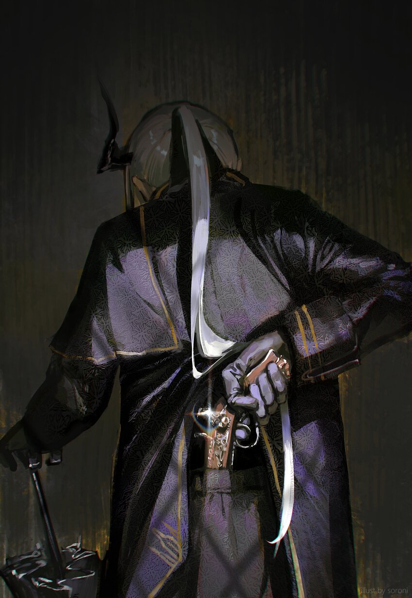 1other absurdres black_coat black_gloves black_horns black_pants black_umbrella coat commentary english_commentary facing_away fighting_stance from_behind gloves gun highres holding holding_gun holding_weapon horns long_hair original other_focus pants ponytail ready_to_draw single_horn solo sorrowny umbrella weapon white_hair