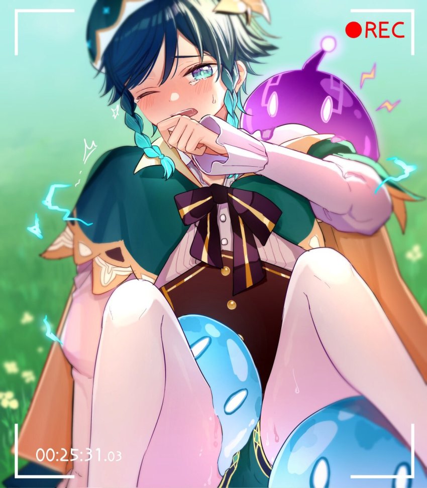 1boy androgynous beret black_hair blue_hair blurry blurry_background blush bow braid cape chiroron collared_cape collared_shirt corset crying crying_with_eyes_open electricity electro_slime_(genshin_impact) flower frilled_sleeves frills genshin_impact gradient_hair grass green_eyes green_hat green_shorts hair_flower hair_ornament hat highres hydro_slime_(genshin_impact) long_sleeves male_focus multicolored_hair one_eye_closed open_mouth pantyhose shirt short_hair_with_long_locks shorts slime_(creature) slime_(genshin_impact) solo tearing_up tears twin_braids venti_(genshin_impact) white_flower white_pantyhose white_shirt