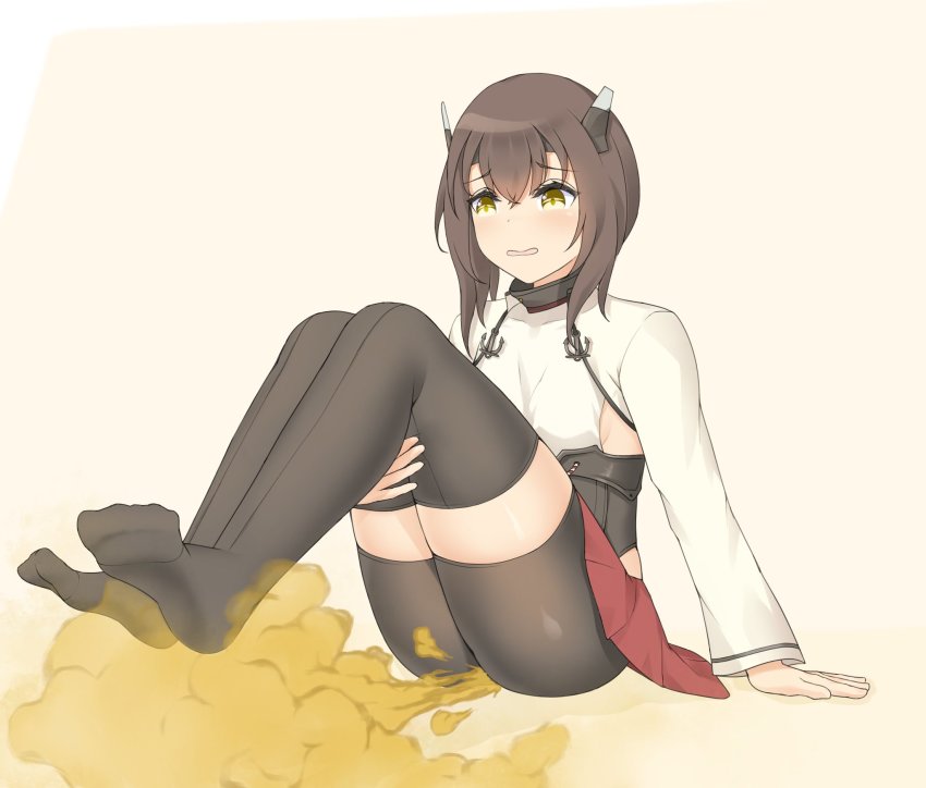 1girl ass bike_shorts breasts brown_eyes brown_hair embarrassed fart feet_up gas hair_between_eyes headgear highres holding_legs kantai_collection legs_up long_sleeves miniskirt open_mouth raki991 red_skirt short_hair shorts shorts_under_skirt sideboob sitting skirt small_breasts smell taihou_(kancolle) thighhighs