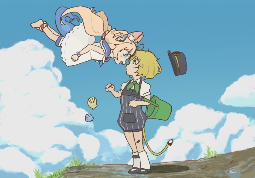 2girls ahoge animal_ears barefoot blonde_hair blue_bow blue_eyes blue_hair blue_hat blue_overalls blue_scrunchie blue_sky bow cat_ears closed_mouth cloud dooby_(vtuber) dress fins fish_girl fish_tail hair_bow hat indie_virtual_youtuber lifebuoy_hair_ornament long_hair low_twintails mouse_girl mouse_tail multicolored_hair multiple_girls one_side_up open_mouth overalls sameko_saba scrunchie shirt sky sleeplessrhythm sleeveless sleeveless_dress socks streaked_hair tail twintails very_long_hair virtual_youtuber white_dress white_shirt white_socks