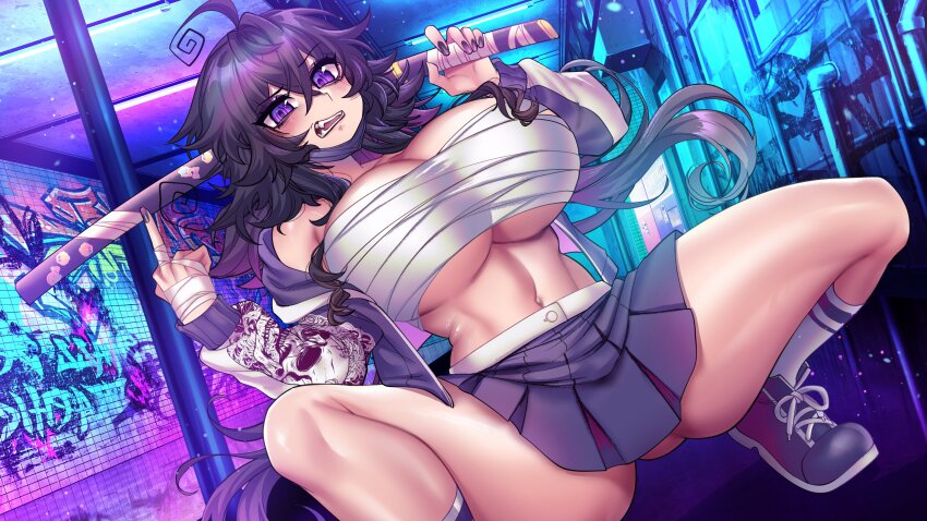absurdres ahoge alternate_costume ass bandaged_hand bandages brick_wall crawling_dreams delinquent gluteal_fold graffiti highres jacket mask merryweather middle_finger mouth_mask nyarla_(osiimi) open_mouth osiimi purple_eyes purple_hair purple_nails sarashi sharp_teeth shoes skirt sneakers socks squatting teeth thick_thighs thighs