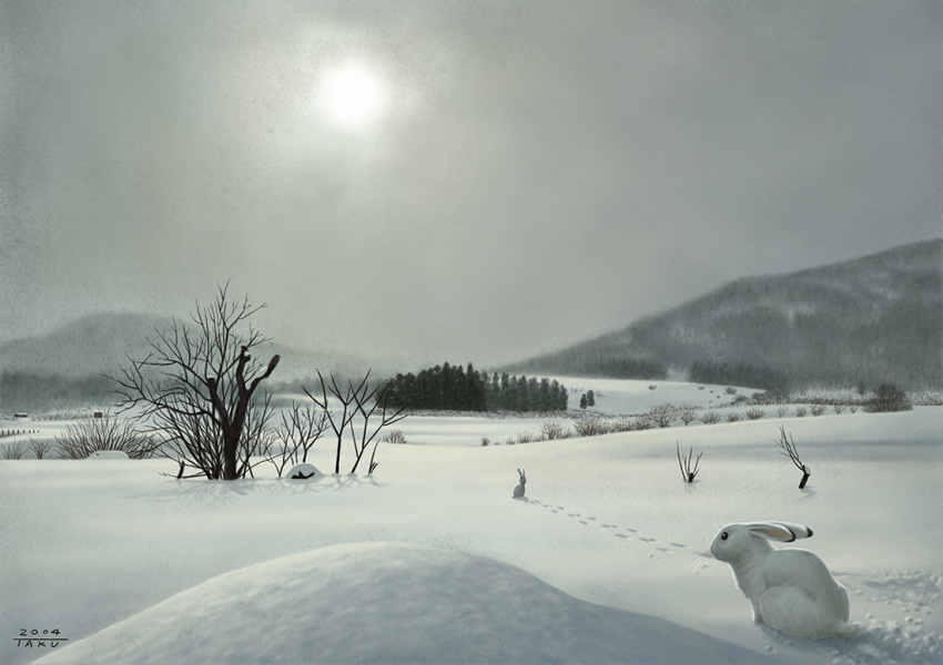 00s 2004 artist_name bare_tree cloud cloudy_sky commentary day footprints forest grey_sky landscape matataku mountain nature no_humans original outdoors photorealistic rabbit realistic scenery signature sky snow sun tree winter