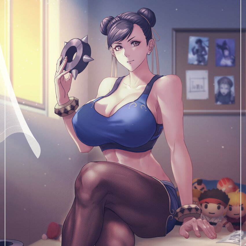 1girl bracelet breasts brown_eyes brown_hair capcom chun-li covered_erect_nipples crossed_legs dhalsim dolphin_shorts double_bun guile hair_bun hair_pulled_back highres jewelry ken_masters large_breasts looking_at_viewer midriff pantyhose ryu_(street_fighter) short_hair shorts sitting smile spiked_bracelet spikes sports_bra street_fighter street_fighter_6 stuffed_toy tomo_eokaiteru toned zangief