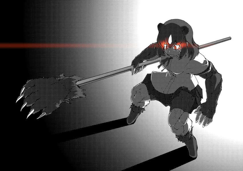 10s 1girl animal_ears bear_claws bear_ears boots brown_bear_(kemono_friends) claws closed_mouth commentary female_focus frown glowing glowing_eyes greyscale halftone holding holding_weapon kaya_(nari1-24) kemono_friends monochrome muscular muscular_female paw_stick pleated_skirt polearm red_eyes shirt short_hair short_sleeves skirt solo spot_color standing weapon
