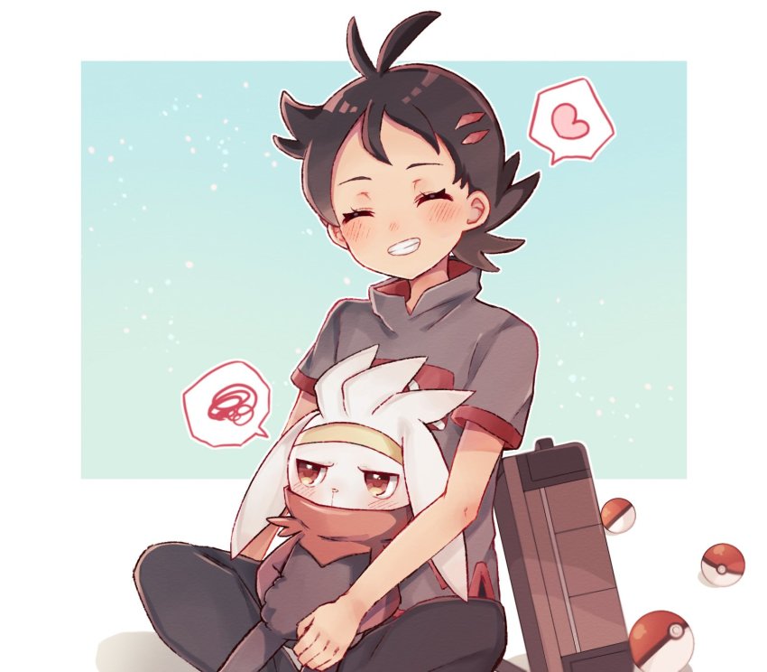 1boy antenna_hair backpack bag brown_bag brown_hair clenched_teeth closed_eyes commentary_request eyelashes gen_8_pokemon goh_(pokemon) heart highres holding holding_pokemon male_focus nintendo pants poke_ball poke_ball_(basic) pokemon pokemon_(anime) pokemon_(creature) pokemon_journeys raboot seri_813 short_sleeves sitting smile spoken_heart spoken_squiggle squiggle teeth unworn_backpack unworn_bag