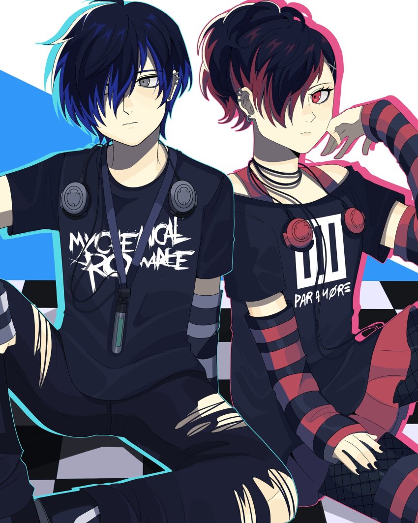 1boy 1girl alternate_costume arm_warmers black_hair black_nails black_pantyhose black_shirt blue_eyes blue_hair bobamiruku digital_walkman ear_piercing earrings emo_fashion fishnet_pantyhose fishnets grey_eyes hair_ornament hair_over_one_eye hairclip headphones highres jewelry looking_to_the_side multicolored_hair my_chemical_romance necklace off-shoulder_shirt off_shoulder on_floor pants pantyhose paramore persona persona_3 persona_3_portable piercing pleated_skirt print_shirt red_eyes red_hair red_skirt shiomi_kotone shirt short_hair sitting skirt striped_clothes striped_thighhighs thighhighs torn_clothes torn_pants two-tone_hair undershirt walkman_nw-s203f yuuki_makoto_(persona_3)