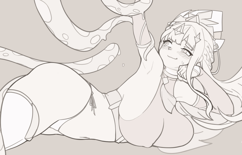 1girl 3gs arm_up armpits bare_shoulders blush breasts closed_mouth covered_collarbone covered_erect_nipples crop_top detached_sleeves elsword female_focus grey_background greyscale hair_ornament half-closed_eyes hand_up happy hat head_rest libera_(elsword) long_hair looking_up lying mature_female monochrome navel no_pants on_stomach panties shirt side-tie_panties sideboob sidelocks simple_background skindentation sleeveless sleeveless_shirt smile solo stomach string_panties sweat tassel tentacles thighhighs underwear