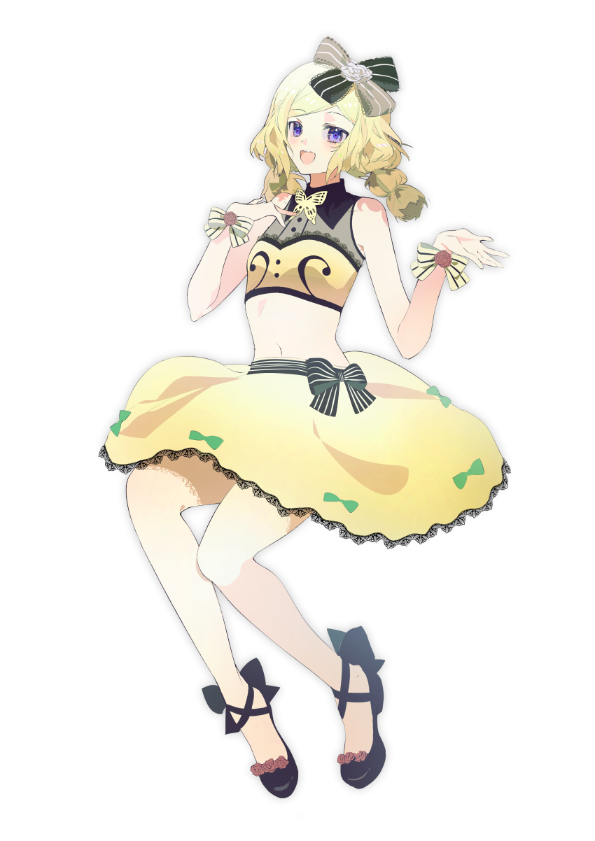 1girl absurdres ankle_bow ankle_ribbon bare_arms bare_shoulders black_bow black_ribbon black_shoes blonde_hair blunt_ends bow bow_print braid butterfly_brooch circle_skirt collared_shirt commentary_request crop_top dot_nose flower full_body grey_bow grey_outline grey_shirt hair_bow hair_flower hair_ornament hand_on_own_chest happy high_heels highres idol invisible_chair lace lace-trimmed_bow lace-trimmed_shirt lace-trimmed_skirt lace_trim leg_ribbon light_blush long_hair looking_at_viewer low_twin_braids midriff miniskirt morgue_(southsakura) musical_note musical_note_print navel open_mouth outline outstretched_hand pretty_rhythm pretty_rhythm_rainbow_live pretty_series pumps purple_eyes red_flower red_rose ribbon ribs rose shirt shoes simple_background sitting skirt smile solo striped_bow takanashi_otoha teeth twin_braids two-tone_bow two-tone_shirt upper_teeth_only waist_bow white_background white_flower white_rose wrist_bow wrist_flower yellow_bow yellow_shirt yellow_skirt