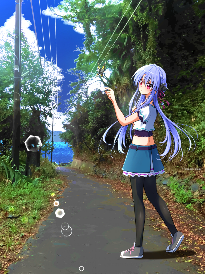 1girl aqua_skirt belt black_belt black_bow black_pantyhose blue_hair blue_sky blush bow bug butterfly cloud commentary_request cross-laced_shoes crossed_bangs cumulonimbus_cloud day full_body gomasho_asuka grey_shoes hair_between_eyes hair_bow hair_bun hair_over_shoulder hair_ribbon hand_up highres index_finger_raised insect lens_flare long_hair looking_at_animal midriff miniskirt open_mouth outdoors pantyhose photo_background red_eyes red_ribbon ribbon road shirt shoes short_sleeves sidelocks single_hair_bun skirt sky sneakers solo sorakado_ao standing summer_pockets twitter_username very_long_hair white_shirt yellow_butterfly