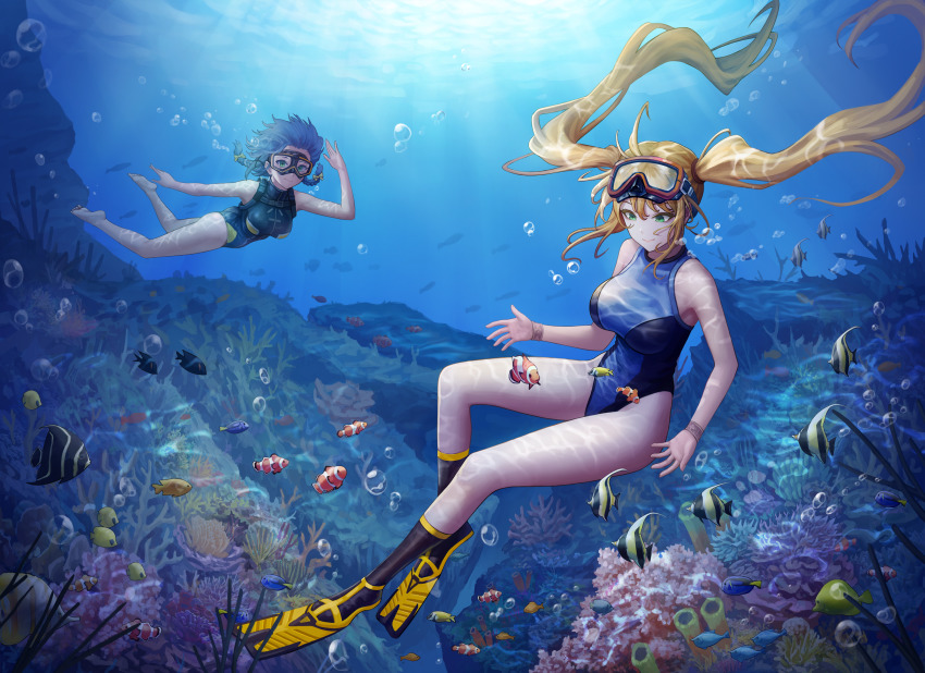 2girls air_bubble barefoot blonde_hair blue_hair blue_one-piece_swimsuit braid breasts bubble competition_swimsuit coral coral_reef diving_mask fish flippers freediving full_body goggles goggles_on_head green_eyes highres holding_breath large_breasts last_origin light_rays long_hair multiple_girls nereid_(last_origin) one-piece_swimsuit poper_(arin_sel) smile submerged swimming swimsuit triaina twin_braids twintails underwater very_long_hair