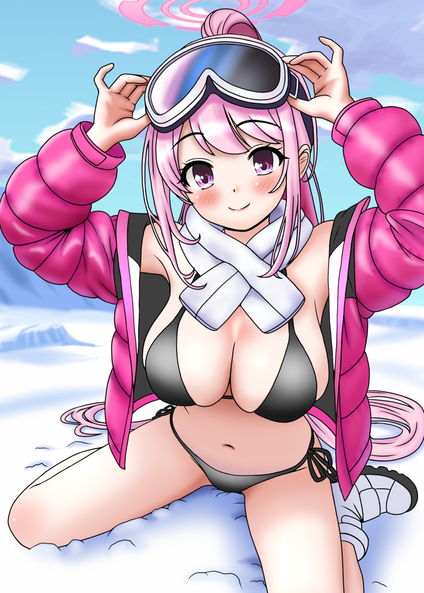 1girl absurdres aikawa_nandesu bikini black_bikini blue_archive blue_sky breasts cloud commentary_request day eimi_(blue_archive) eimi_(swimsuit)_(blue_archive) goggles goggles_on_head halo highres jacket large_breasts long_hair looking_at_viewer official_alternate_costume open_clothes open_jacket outdoors padded_jacket pink_eyes pink_hair pink_halo pink_jacket ponytail scarf side-tie_bikini_bottom sitting ski_goggles sky solo swimsuit wariza white_scarf