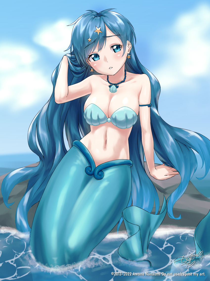 1girl arm_support arm_up artist_name awono_nanaumi bare_shoulders bikini blue_eyes blue_hair blue_sky blue_tail breasts cleavage cloud collarbone commentary commission day earrings groin hair_ornament hand_in_own_hair head_tilt highres houshou_hanon houshou_hanon_(mermaid) jewelry long_hair looking_at_viewer medium_breasts mermaid mermaid_melody_pichi_pichi_pitch monster_girl navel necklace ocean parted_lips rock shell shell_bikini shell_necklace sidelocks signature sitting skeb_commission skindentation sky solo star_(symbol) star_earrings star_hair_ornament stomach