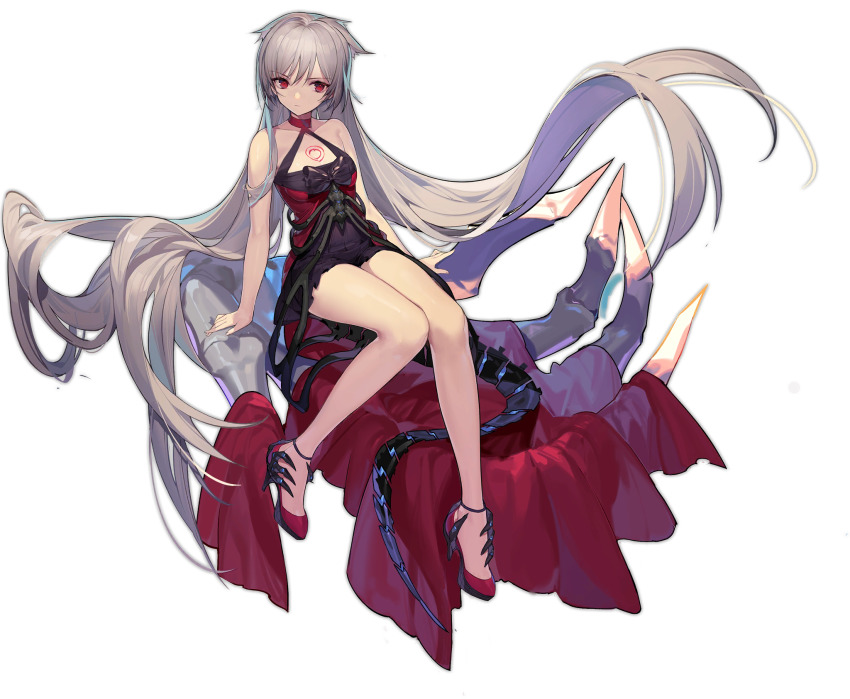 1girl absurdly_long_hair artist_request azur_lane black_bow black_dress bow breasts check_artist choker cleavage dress evening_gown full_body halterneck high_heels highres huanxiang_heitu long_dress long_hair mechanical_tail montpelier_(azur_lane) montpelier_(persephone&#039;s_throne)_(azur_lane) official_alternate_costume official_art red_choker red_dress red_eyes red_footwear silver_hair sleeveless sleeveless_dress small_breasts solo tail transparent_background two-tone_dress very_long_hair