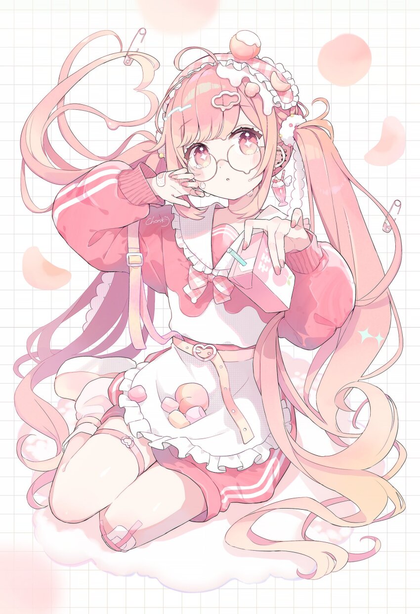 1girl apron candy chon_(chon33v) cloud drink food frilled_apron frilled_headwear frills fruit full_body gauze_on_knee glasses gradient_hair grid_background hands_up highres holding holding_drink jacket long_hair multicolored_hair orange_hair original parted_lips peach pink_eyes pink_hair pink_jacket pink_nails round_eyewear sailor_collar shorts sitting solo star-shaped_pupils star_(symbol) symbol-shaped_pupils twintails very_long_hair yokozuwari