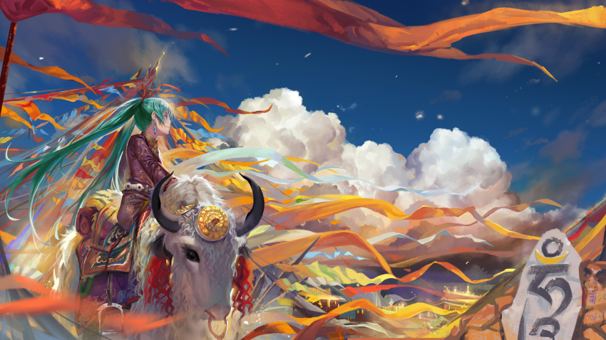 00s 1girl alphonse_(white_datura) animal aqua_eyes aqua_hair bull cloud earrings female_focus hair_ribbon hatsune_miku highres jewelry long_hair nose_piercing nose_ring piercing ribbon shangri-la sitting sky smile solo translation_request twintails very_long_hair vocaloid