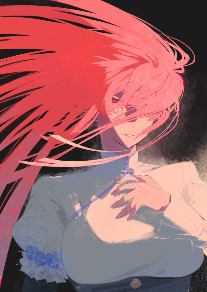 1girl black_background breasts buttons dress floating_hair frilled_sleeves frills grin hair_over_one_eye hand_on_own_chest highres large_breasts long_hair ootori_kanae_(soukou_akki_muramasa) pink_hair red_eyes smile soukou_akki_muramasa tuzaixia very_long_hair white_dress
