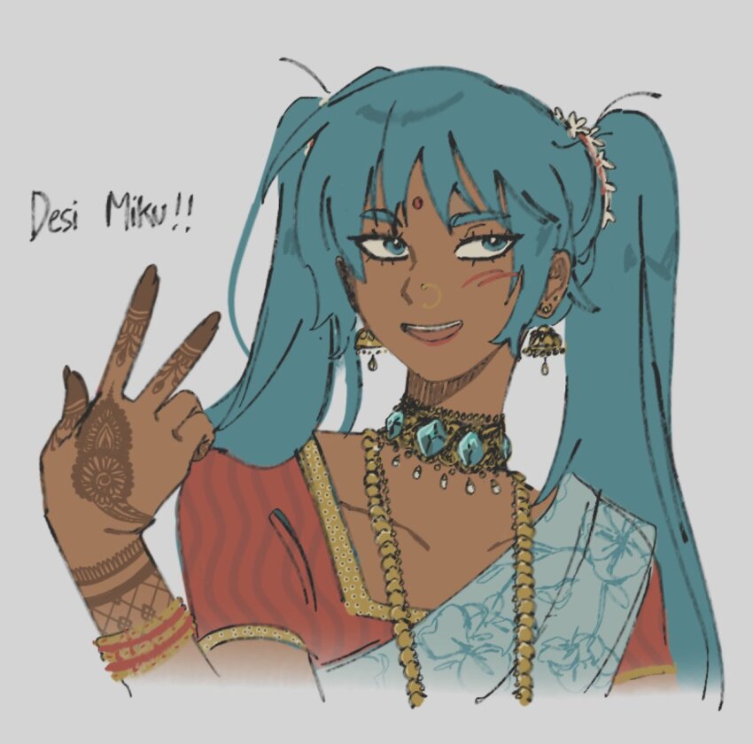 1girl aqua_hair bindi dark-skinned_female dark_skin dress earrings facial_mark forehead_mark hand_up hatsune_miku henna highres indian_clothes jewelry kurocrow latin_american_hatsune_miku_(meme) long_hair necklace nose_piercing nose_ring open_mouth piercing red_dress sari sash simple_background smile solo upper_body v very_long_hair vocaloid white_background white_sash worldwide_miku