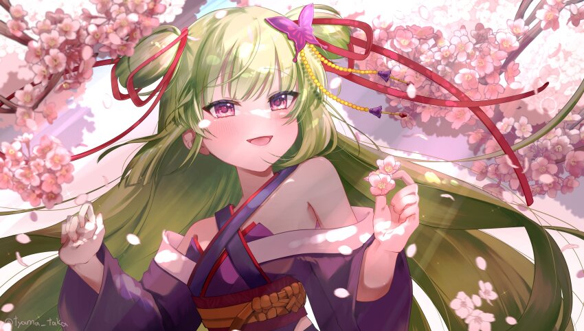 1girl :d absurdres bare_shoulders black_kimono blunt_bangs blunt_ends blush butterfly_hair_ornament cherry_blossoms commission criss-cross_halter dappled_sunlight day floating_hair flower green_hair hair_ornament hair_ribbon halterneck hands_up happy hashtag-only_commentary highres hime_cut holding holding_flower japanese_clothes kimono long_hair long_ribbon long_sleeves looking_ahead murasame_(senren) open_mouth outdoors pink_flower red_eyes red_ribbon ribbon senren_banka sidelocks skeb_commission smile solo spring_(season) sunlight tsurime twitter_username two_side_up tyama_taka upper_body very_long_hair w_arms wide_sleeves
