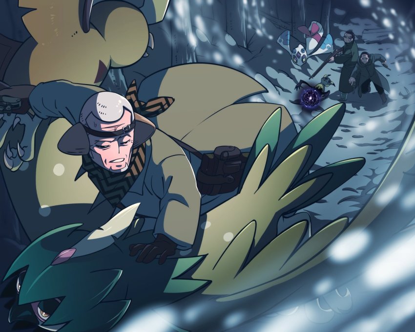 3boys black_hair brown_gloves coat crossover decidueye forest froslass gen_4_pokemon gen_7_pokemon gloves golden_kamuy grey_hair gun highres holding holding_gun holding_weapon kikuta_(golden_kamuy) maddy mimikyu multiple_boys nature night nintendo outdoors pokemon pokemon_(creature) riding riding_pokemon scar scar_on_face scar_on_forehead scarf snowing toni_anji tsukishima_hajime weapon