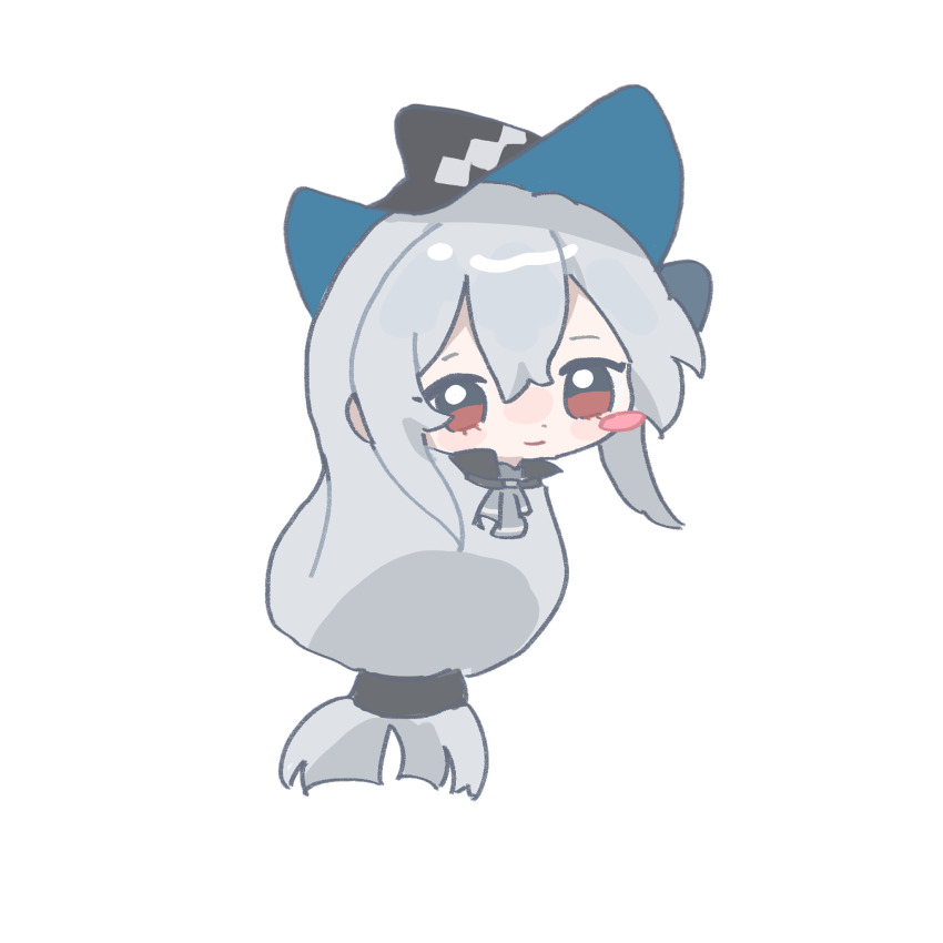 1girl arknights ascot black_collar black_hat blue_hat blunt_ends blush_stickers chinese_commentary closed_mouth collar commentary_request cropped_shoulders detached_collar diamond_print dot_nose eyelashes grey_ascot grey_hair hair_between_eyes hair_tie happy hat high_collar highres light_blush long_hair looking_at_viewer low-tied_long_hair qianwa_shi_biao red_eyes simple_background single_blush_sticker smile solo tareme two-sided_fabric two-sided_headwear very_long_hair white_background witch_hat
