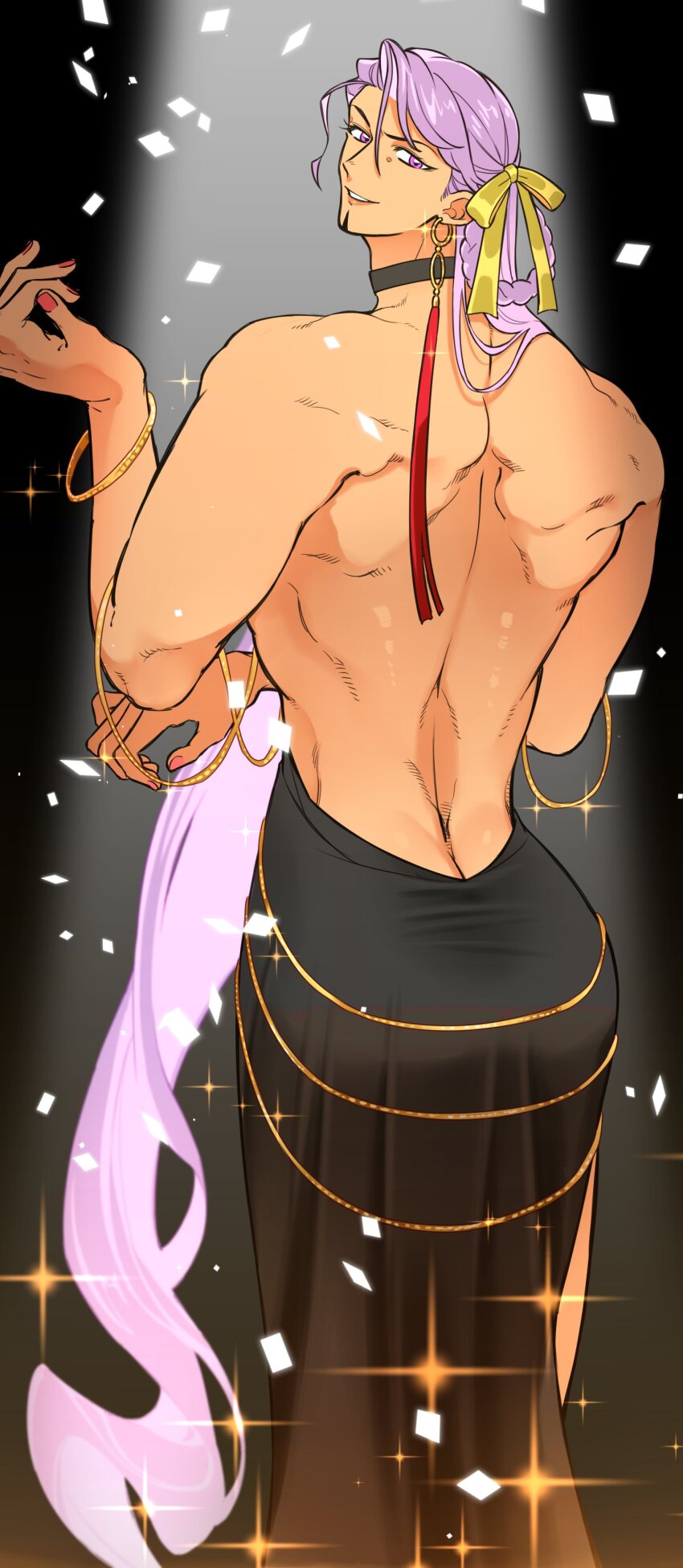 1boy absurdres ass back_muscles backless_dress backless_outfit bara bb_dubai_(fate) bb_dubai_(fate)_(cosplay) black_dress bracelet braid braided_hair_rings cosplay crossdressing dress duryodhana_(fate) earrings fabulous facial_hair falling_petals fate/grand_order fate_(series) from_behind glint goatee goatee_stubble hair_ribbon hair_rings highres jewelry large_hands long_hair looking_at_viewer looking_back lywo_n_candy male_focus mature_male muscular muscular_male petals purple_eyes purple_hair ribbon solo sparkle standing stubble thick_eyebrows yellow_ribbon