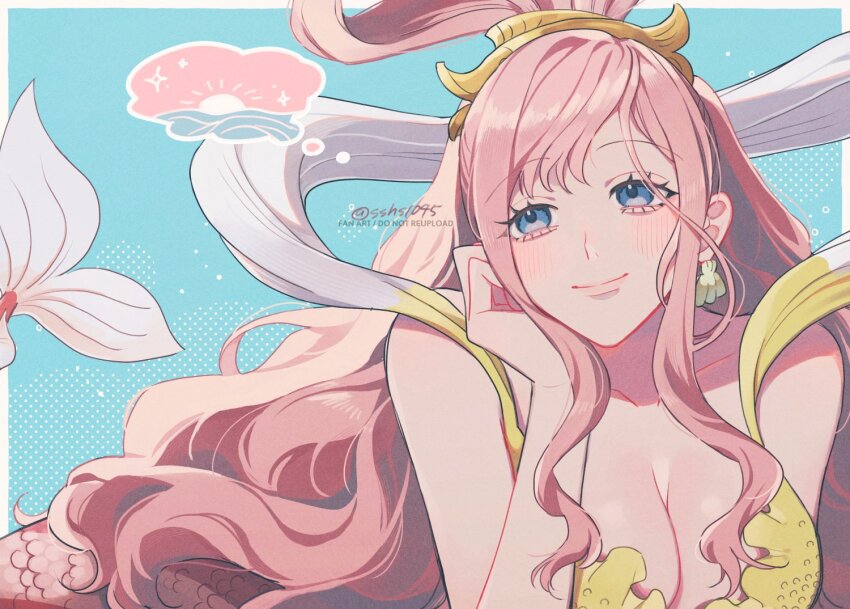 1girl bikini blue_eyes blush cheek_rest closed_mouth commentary earrings fish_hair_ornament hagoromo hair_ornament jewelry long_hair looking_to_the_side mermaid monster_girl one_piece paruma_umu pink_hair shawl shell shell_earrings shirahoshi sidelocks smile solo speech_bubble sun_symbol swept_bangs swimsuit symbol-only_commentary thought_bubble twitter_username very_long_hair yellow_bikini