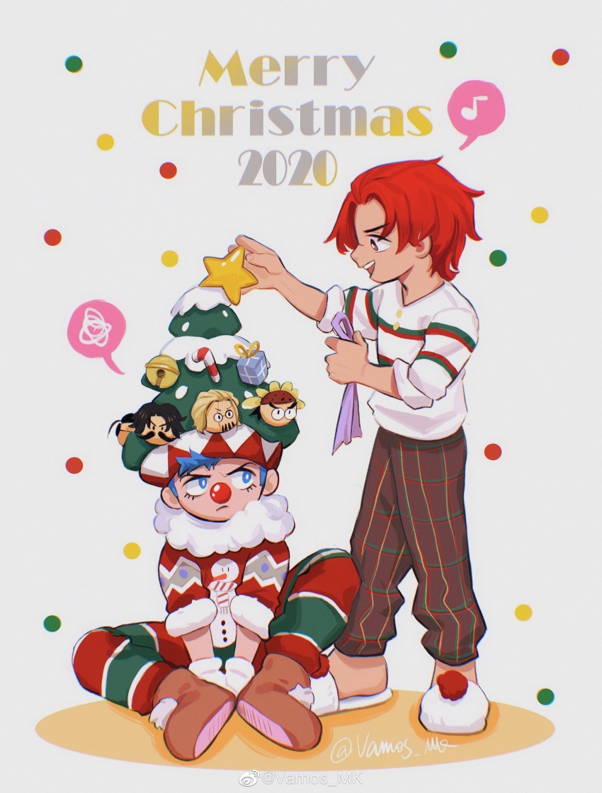 2020 2boys absurdres blue_hair brown_pants brown_shoes buggy_the_clown christmas_sweater christmas_tree_hat clown_nose full_body gloves gol_d._roger highres male_focus merry_christmas multiple_boys musical_note one_piece open_mouth pants red_hair shanks_(one_piece) shirt shoes silvers_rayleigh sitting slippers spoken_musical_note spoken_squiggle squiggle star_(symbol) vamos_mk white_gloves white_shirt white_slippers