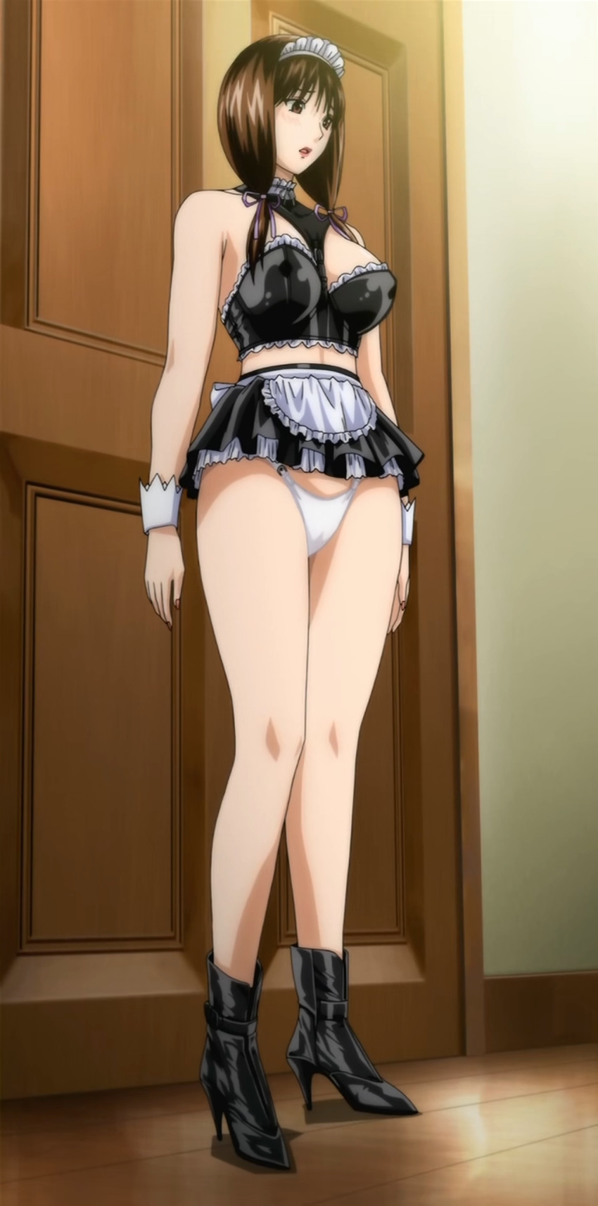 10s 1girl 2010 absurdres apron black_shoe black_shoes breasts brown_eyes brown_hair collar covered_erect_nipples curvy door female_focus fingernails full_body g-taste hair_ornament hair_ribbon high_heels highres indoors large_breasts legs lipstick long_fingernails long_hair long_legs maid_apron maid_headdress makeup matching_hair/eyes microskirt miniskirt morimura_nana nail_polish open_mouth panties pantyshot ribbon screencap shoes skirt solo standing thighhighs twintails underwear white_panties wrist_cuffs