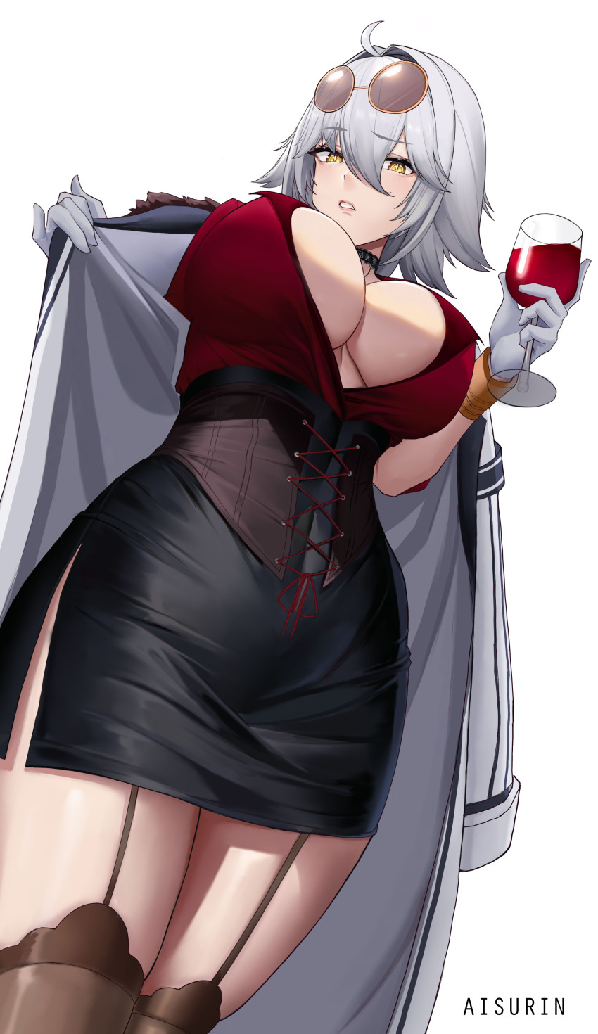 1girl absurdres ahoge aisurin1st armband artist_name black_dress black_skirt black_thighhighs breasts choker cleavage coat covered_navel cowboy_shot cross-laced_clothes cup dress drinking_glass eyewear_on_head from_below garter_straps gloves grey_hair hair_between_eyes hair_intakes highres large_breasts looking_at_viewer medium_hair open_clothes open_coat parted_lips pencil_dress plunging_neckline red_shirt shirt shirt_tucked_in short_dress simple_background skirt solo sunglasses thighhighs tight_clothes tight_dress underbust virtual_youtuber vshojo white_background white_gloves wine_glass wing_collar yellow_eyes zentreya zentreya_(cyborg) zentreya_(cyborg)_(4th_costume) zettai_ryouiki