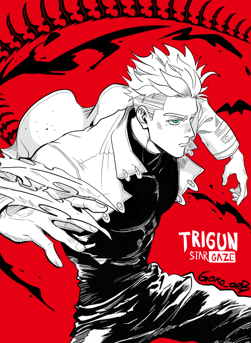 1boy arms_up blue_eyes claw_(weapon) closed_mouth covered_abs covered_pectorals cropped_jacket fingernails floating_clothes goro_orb greyscale_with_colored_background highres jacket long_sleeves looking_ahead male_focus millions_knives pants pectorals shirt short_hair sideburns signature solo spot_color trigun trigun_maximum trigun_stargaze weapon